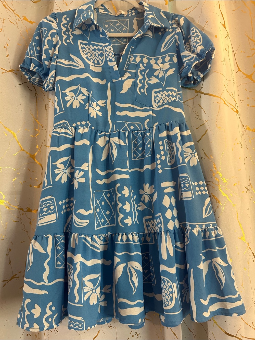 Boutique Blue and White collared Patterned Summer Dress Sz S